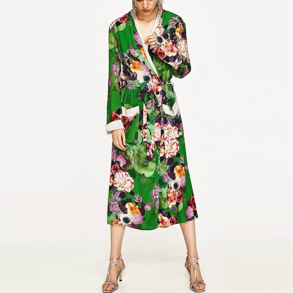 Brand New with tags Zara Green Long Floral Print Kimono Belted Duster Jacket S